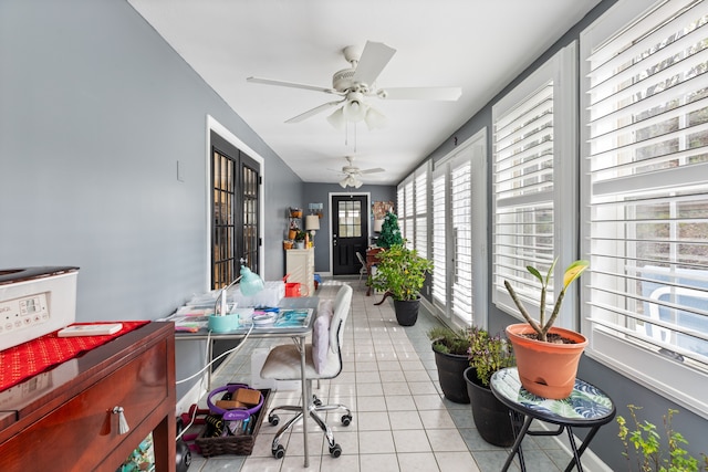 office area featuring ceiling fan, light tile patterned flooring, vaulted ceiling, and french doors