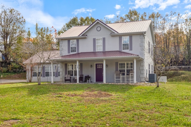 view of front of property with a porch, a front lawn, and central air condition unit