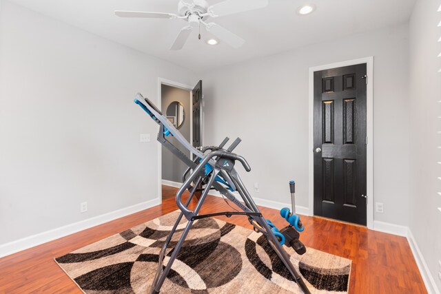 exercise room featuring ceiling fan and hardwood / wood-style flooring