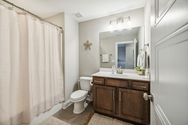 full bathroom with wood-type flooring, vanity, toilet, and shower / bathtub combination with curtain