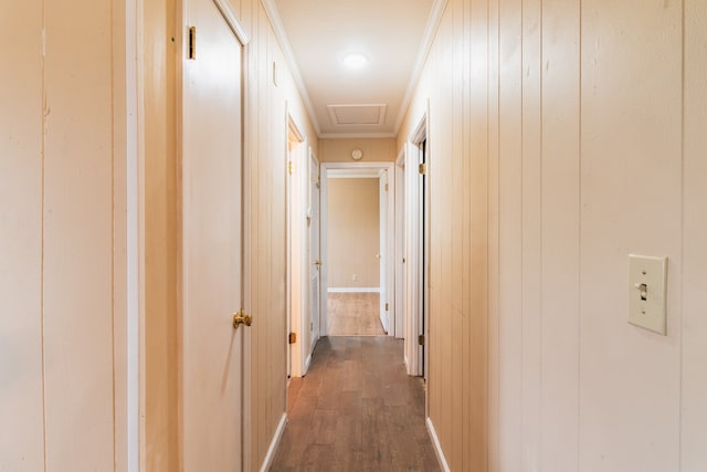 hallway featuring ornamental molding, dark hardwood / wood-style flooring, and wooden walls