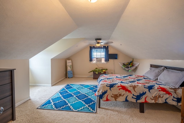 bedroom featuring light carpet, cooling unit, ceiling fan, and lofted ceiling