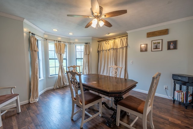 dining space featuring dark hardwood / wood-style floors, ceiling fan, and crown molding