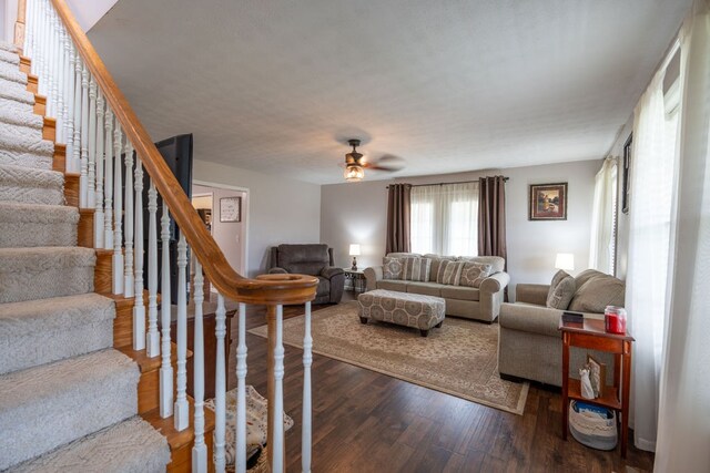 living room with ceiling fan and wood-type flooring