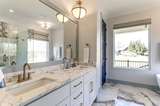 bathroom with vanity and a shower with shower door