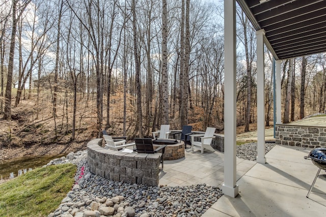 view of patio / terrace featuring an outdoor fire pit