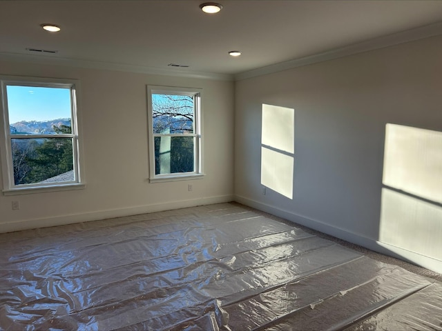 empty room with a mountain view and crown molding