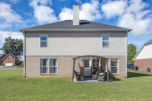 rear view of house with a pergola, central AC, an outdoor living space, and a yard