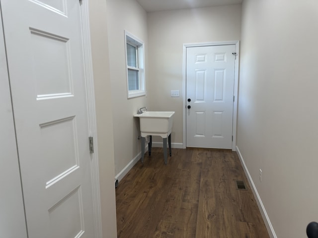 doorway to outside featuring dark wood-type flooring