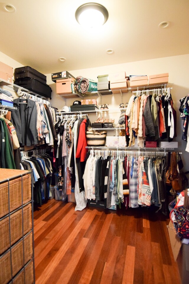 spacious closet with dark hardwood / wood-style floors