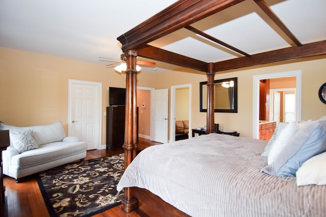 bedroom featuring ceiling fan, hardwood / wood-style floors, and ensuite bathroom