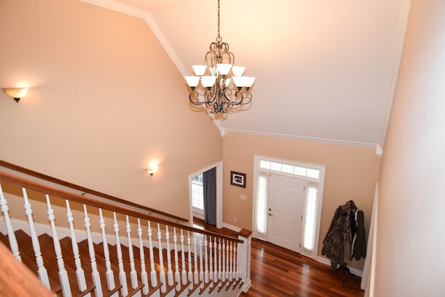 entryway with a towering ceiling, an inviting chandelier, a healthy amount of sunlight, and dark hardwood / wood-style floors