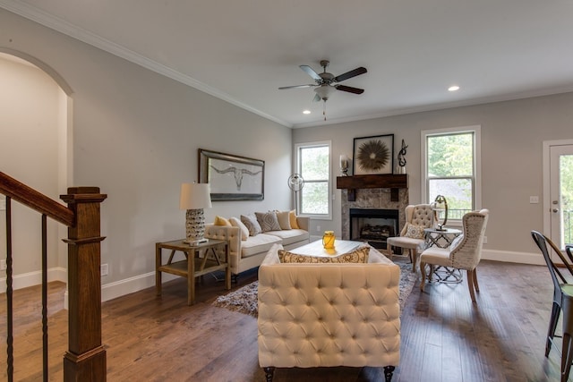 living room with a stone fireplace, crown molding, plenty of natural light, and dark hardwood / wood-style floors