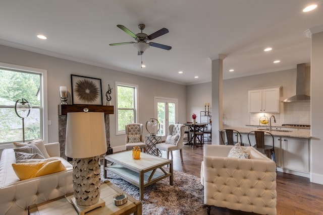 living room featuring crown molding, sink, ceiling fan, and dark hardwood / wood-style floors