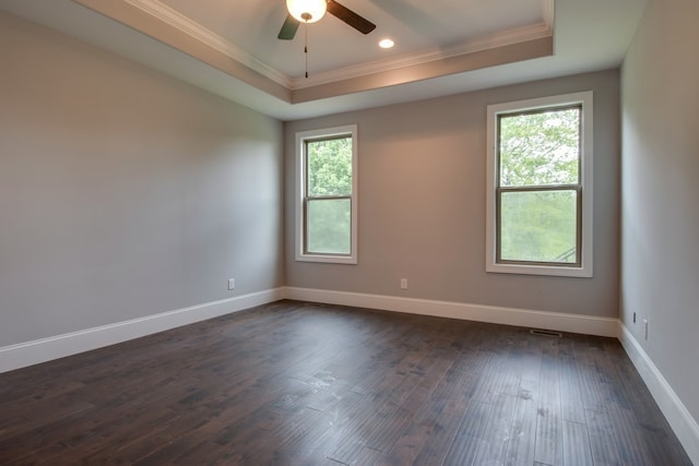 empty room with crown molding, a raised ceiling, dark wood-type flooring, and a wealth of natural light