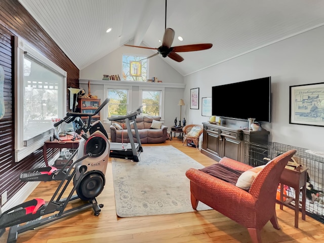 exercise room featuring ceiling fan, light hardwood / wood-style floors, and vaulted ceiling