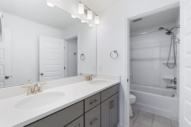 full bathroom featuring bathing tub / shower combination, toilet, vanity, and tile patterned flooring