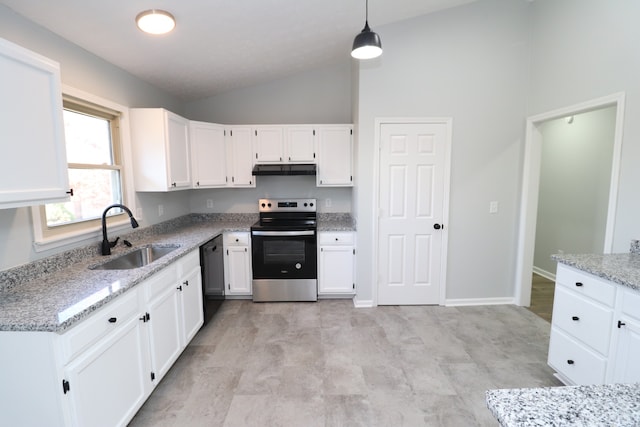 kitchen featuring lofted ceiling, white cabinetry, stainless steel electric range oven, and hanging light fixtures