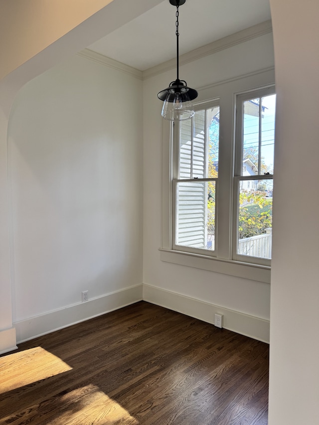 spare room featuring ornamental molding and dark wood-type flooring