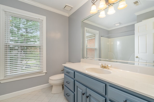 bathroom featuring a shower, tile patterned floors, crown molding, and a healthy amount of sunlight