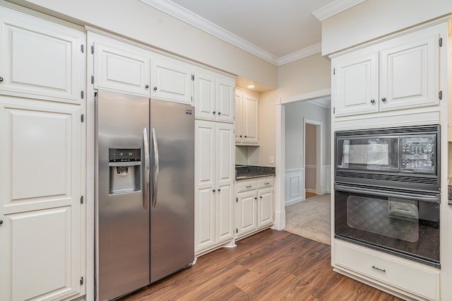 kitchen with white cabinetry, dark wood-type flooring, black appliances, and ornamental molding