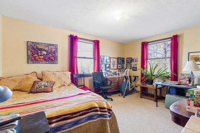 bedroom with carpet floors and a textured ceiling