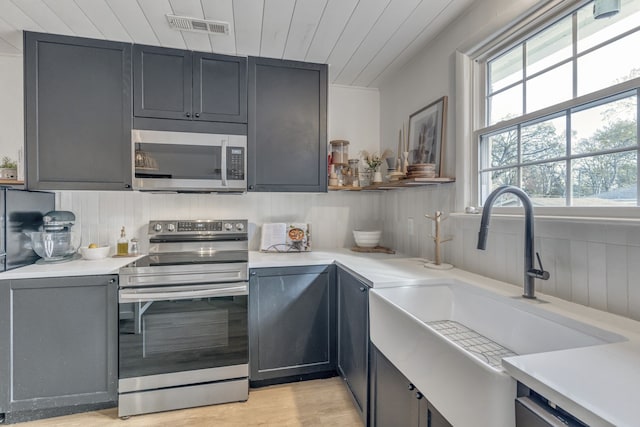 kitchen with gray cabinetry, sink, wooden ceiling, stainless steel appliances, and light hardwood / wood-style flooring