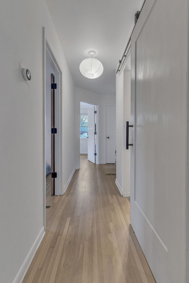 corridor with a barn door and light hardwood / wood-style floors