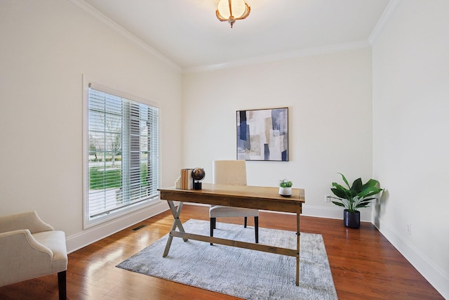 office featuring ornamental molding and dark wood-type flooring