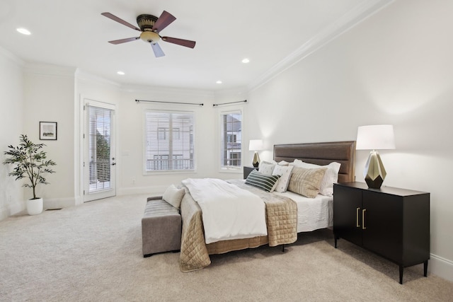 bedroom featuring access to exterior, crown molding, light colored carpet, and ceiling fan