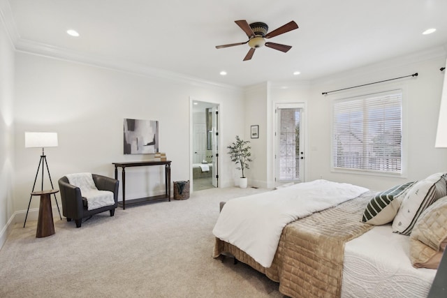 carpeted bedroom featuring crown molding, ceiling fan, and access to outside