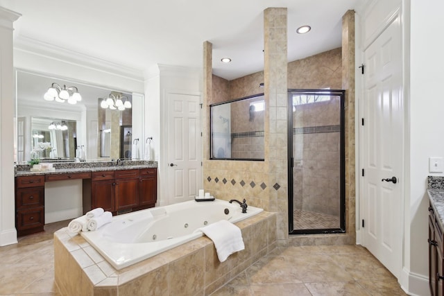 bathroom featuring independent shower and bath, vanity, and ornamental molding