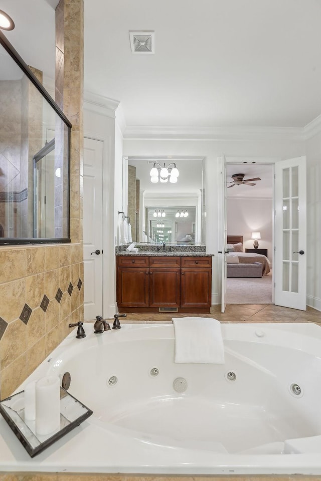 bathroom featuring ornamental molding, separate shower and tub, vanity, and ceiling fan