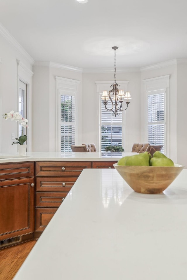 kitchen featuring crown molding, a healthy amount of sunlight, and hanging light fixtures