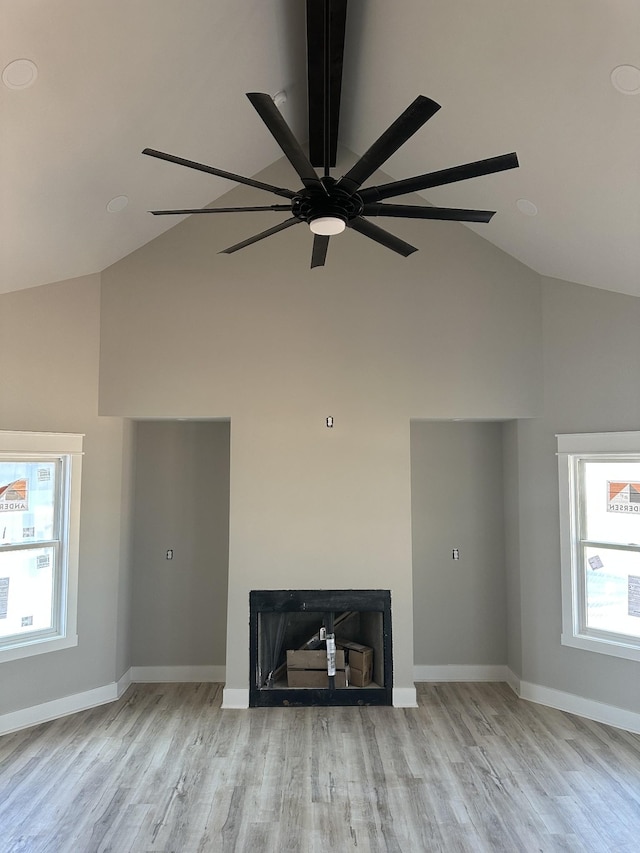 room details featuring a fireplace, baseboards, and wood finished floors