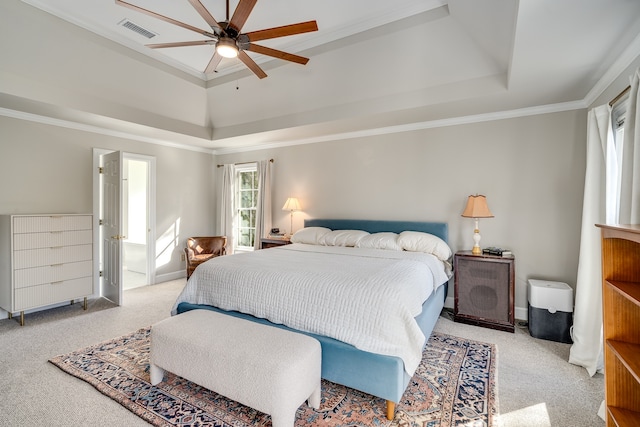 bedroom with ceiling fan, crown molding, and light carpet