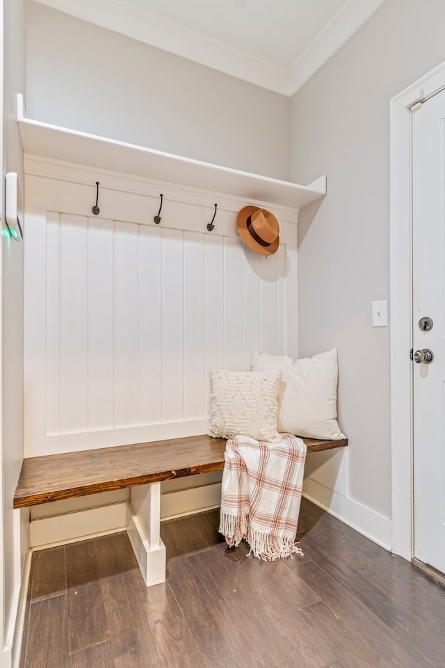 mudroom with ornamental molding and dark wood-type flooring