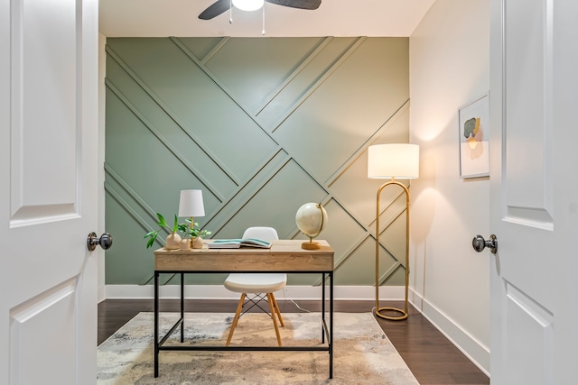 office area with dark hardwood / wood-style floors and ceiling fan