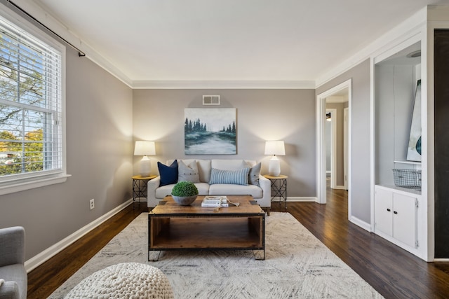 living room with dark hardwood / wood-style flooring and crown molding