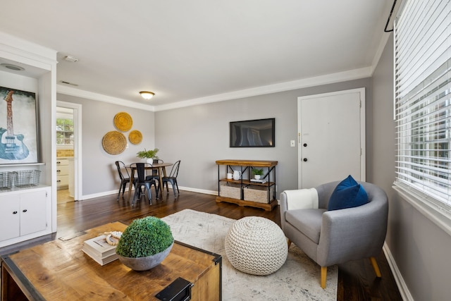 living room featuring ornamental molding and dark wood-type flooring