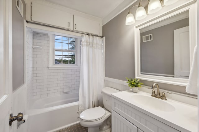 full bathroom featuring vanity, toilet, shower / bathtub combination with curtain, and crown molding