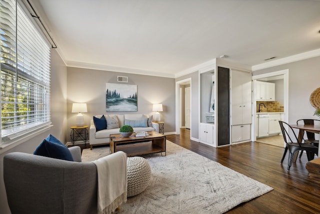 living room with dark hardwood / wood-style floors, sink, and crown molding