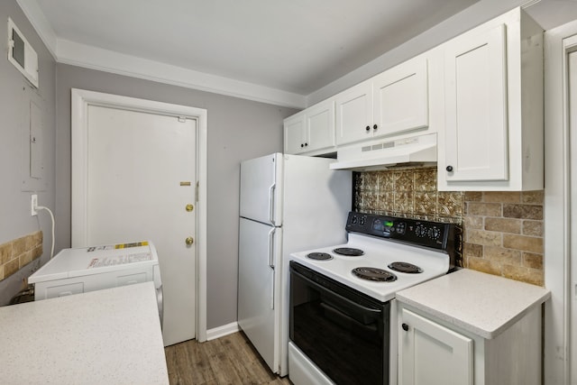 kitchen featuring backsplash, dark wood-type flooring, white electric stove, white cabinets, and washer / dryer