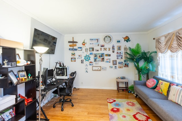 office area featuring hardwood / wood-style floors and ornamental molding