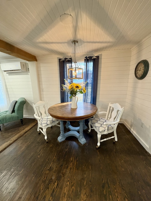 dining area with hardwood / wood-style flooring, a wall mounted AC, and wooden ceiling