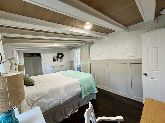 bedroom with dark hardwood / wood-style flooring, beam ceiling, and wooden ceiling