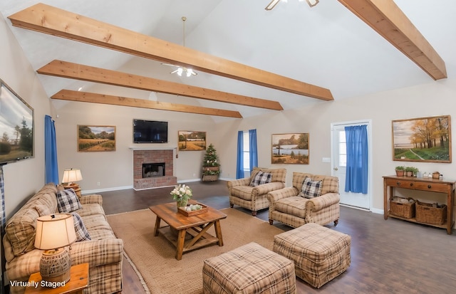 living room with beamed ceiling, high vaulted ceiling, a brick fireplace, and dark wood-type flooring