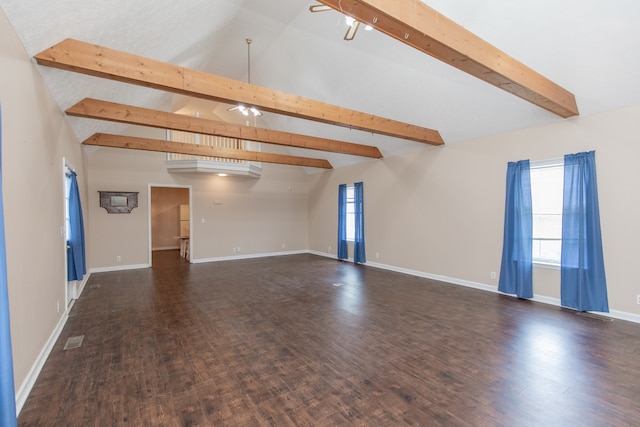 unfurnished living room with vaulted ceiling with beams, ceiling fan, and dark hardwood / wood-style floors