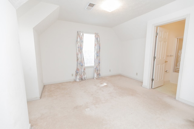 additional living space with light carpet, a textured ceiling, and lofted ceiling