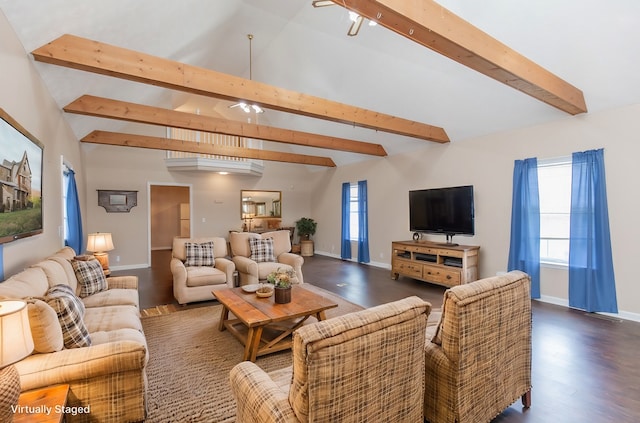 living room with dark hardwood / wood-style flooring, vaulted ceiling with beams, and a healthy amount of sunlight